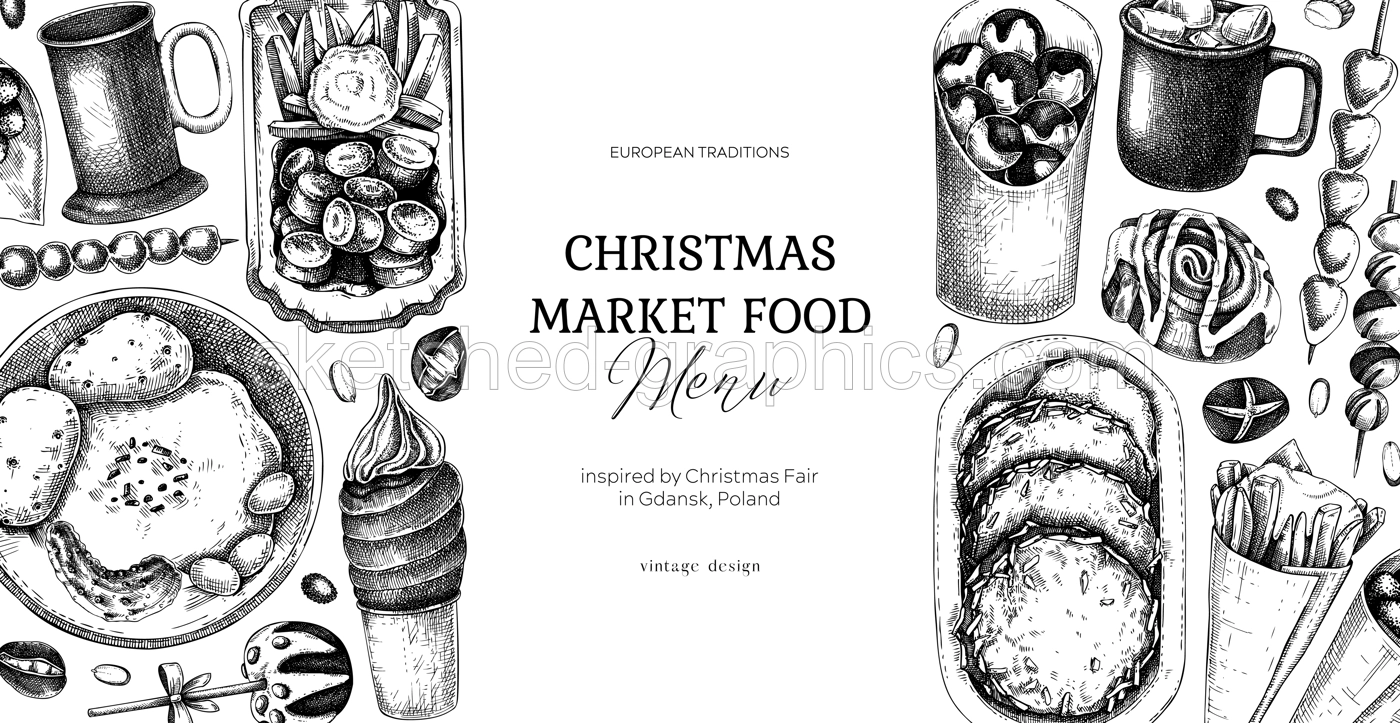 Street food and drink background. Christmas market banner. Pastries, sweets, grilled meat, raclette, hot drinks sketches. Hand-drawn vector illustration. Fast food menu design Illustration